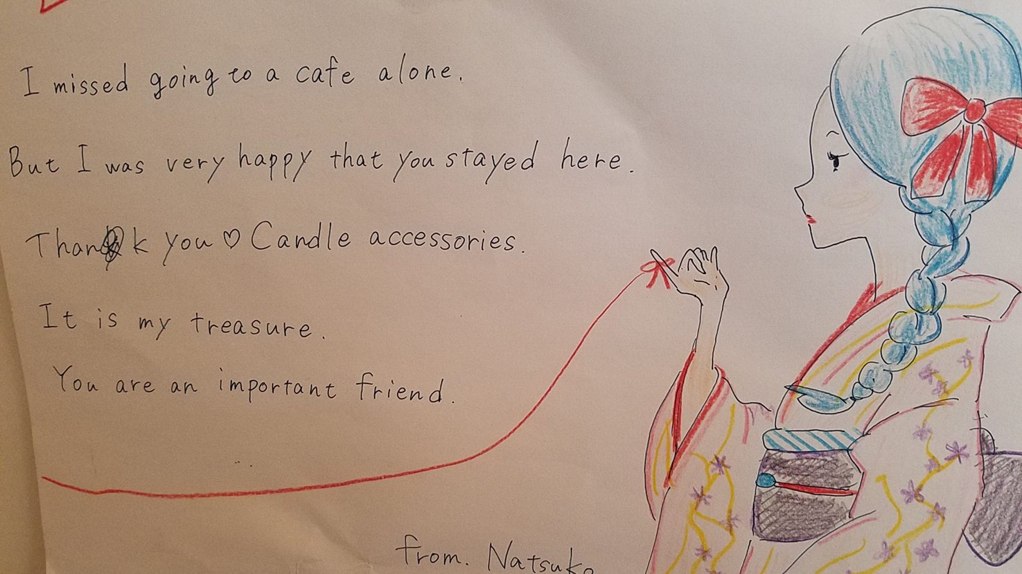 Handwritten note and illustration by Natsuko