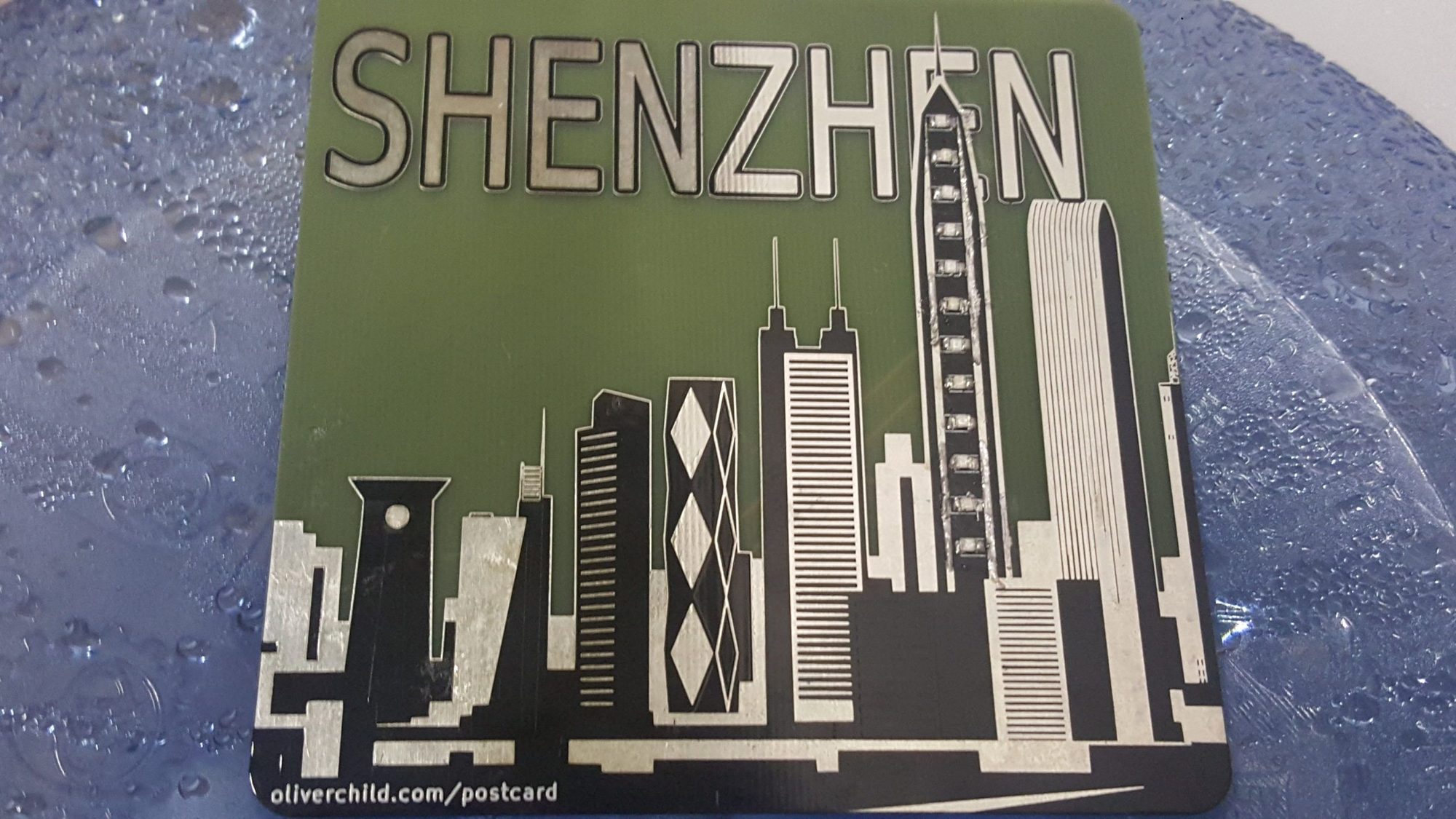 PCB postcard etched with the Shenzhen skyline