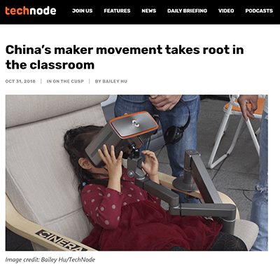 TechNode article 'China's maker movement takes root in the classroom' with a student using a camera arm