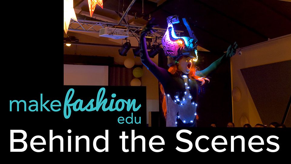 Poster for 'MakeFashion Edu Behind the Scenes' with a dancer in a lit costume