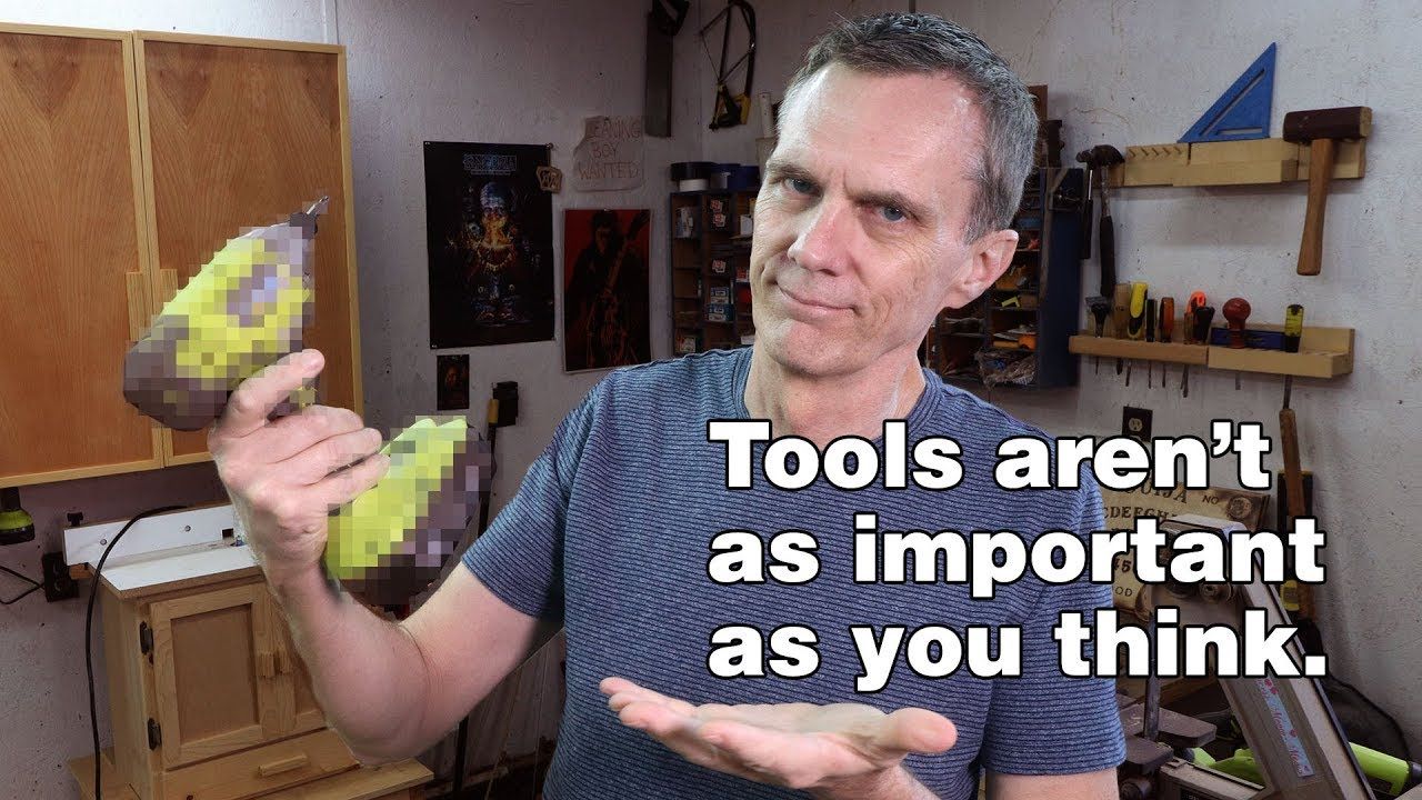 Man in a workshop holds two banana-shaped tools beside "Tools aren't as important as you think" text