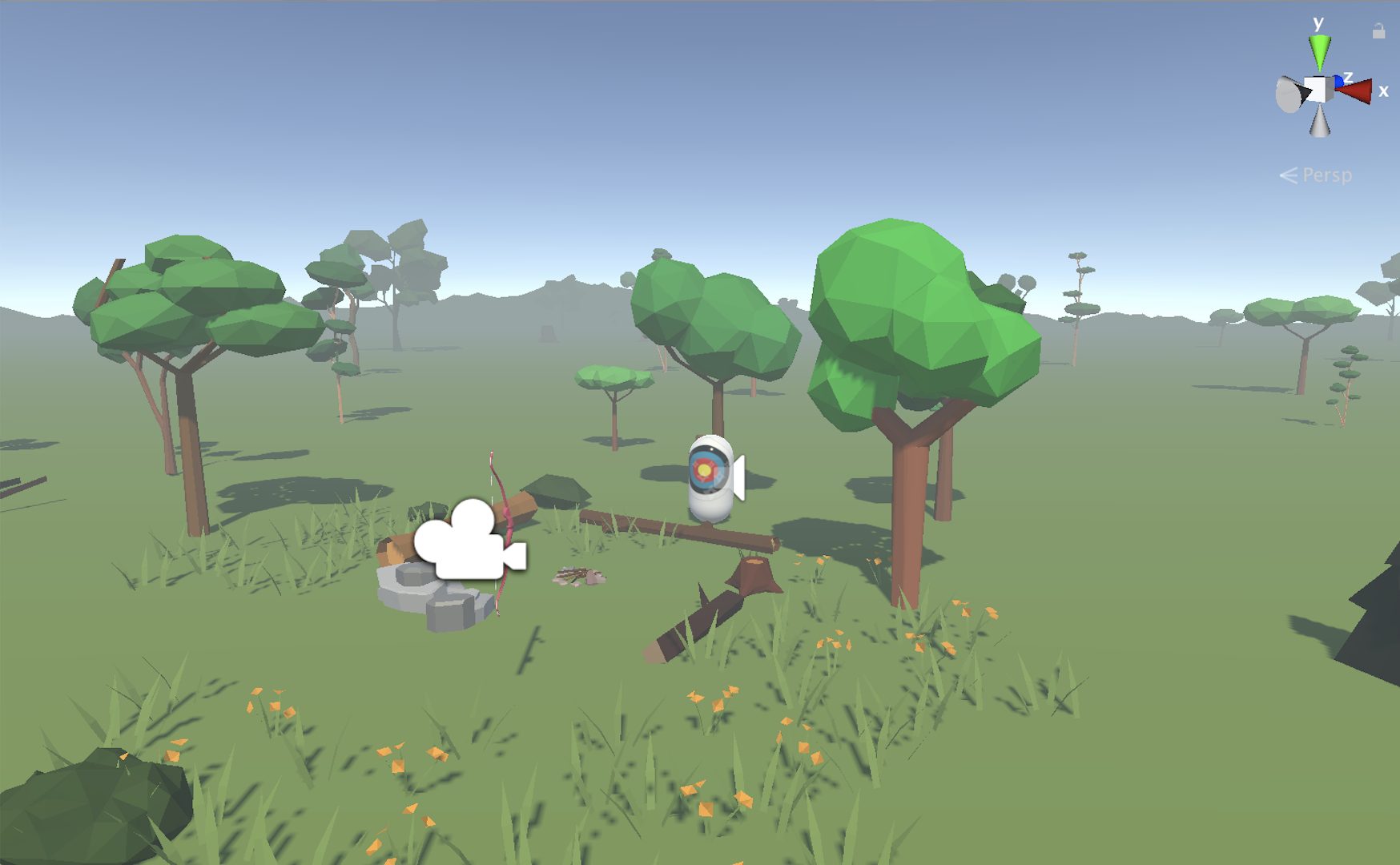 Scene view showing a bow, campfire, and VR camera rig placeholder