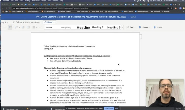 Word document showing PYP online learning guidelines with a video call thumbnail