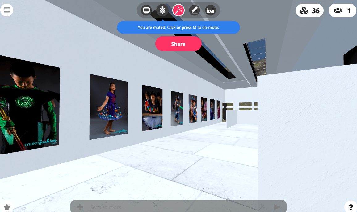 Screenshot of a Mozilla Hubs virtual gallery displaying MakeFashion Edu garment photos
