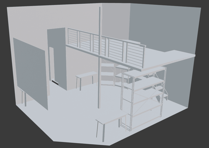 Isometric 3D model of a mezzanine loft with stairs and shelving units