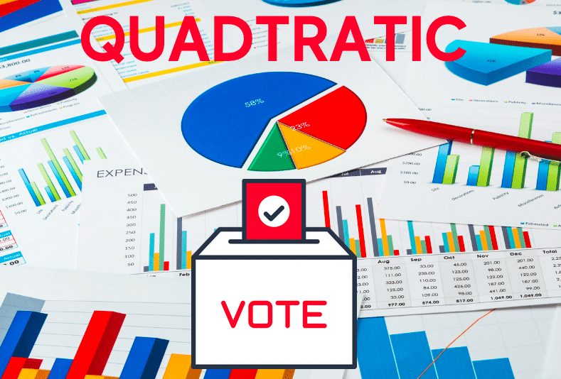 Illustration of a ballot box icon labeled 'Vote' over chart backgrounds