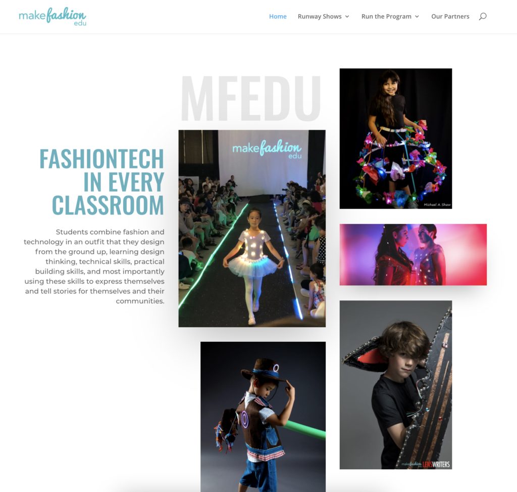 MakeFashion Edu homepage with runway photos and program tagline