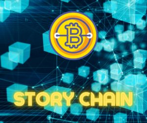 Bitcoin logo over a glowing blockchain network with "Story Chain" text