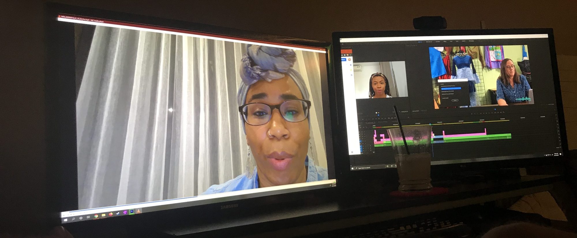 Dual monitors show a video call and MakeFashion footage being edited