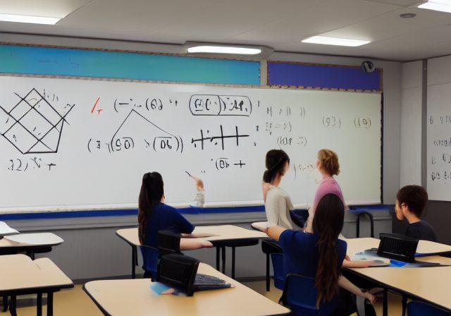Students solving equations on a whiteboard in a math classroom