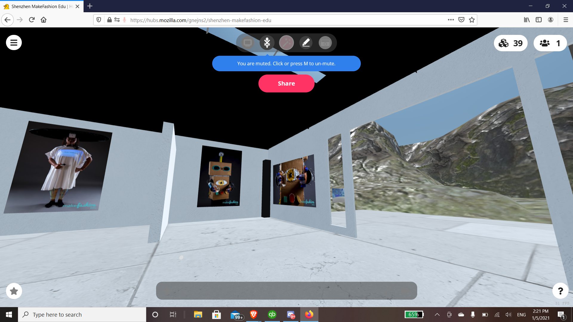 Screenshot of a Mozilla Hubs virtual gallery showing MakeFashion Edu garment photos