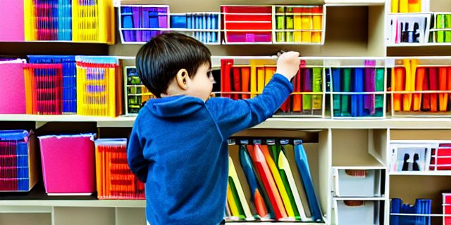 A student reaching for colorful supply bins on a classroom shelf