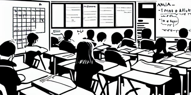 Illustrated classroom of students seated at desks facing the front