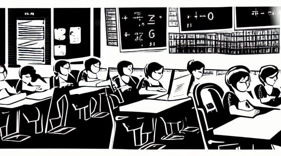 Illustrated classroom of students taking notes at their desks