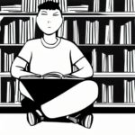 Illustrated student sitting cross-legged reading near a bookshelf