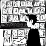 Illustrated student standing in thought beside bookshelves
