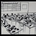 Pencil sketch illustration of an empty lecture hall