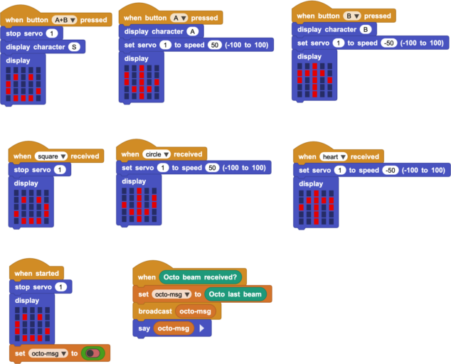 MicroBlocks code blocks controlling a servo motor via micro:bit buttons