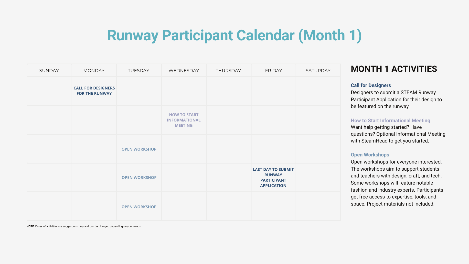 Month 1 runway participant calendar with activities schedule