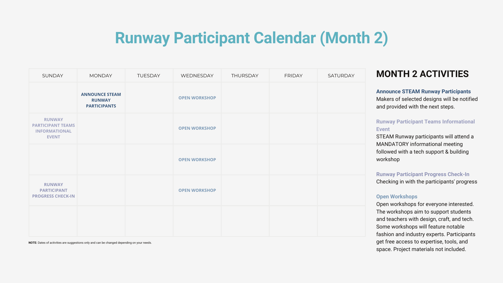 Month 2 runway participant calendar with activities schedule