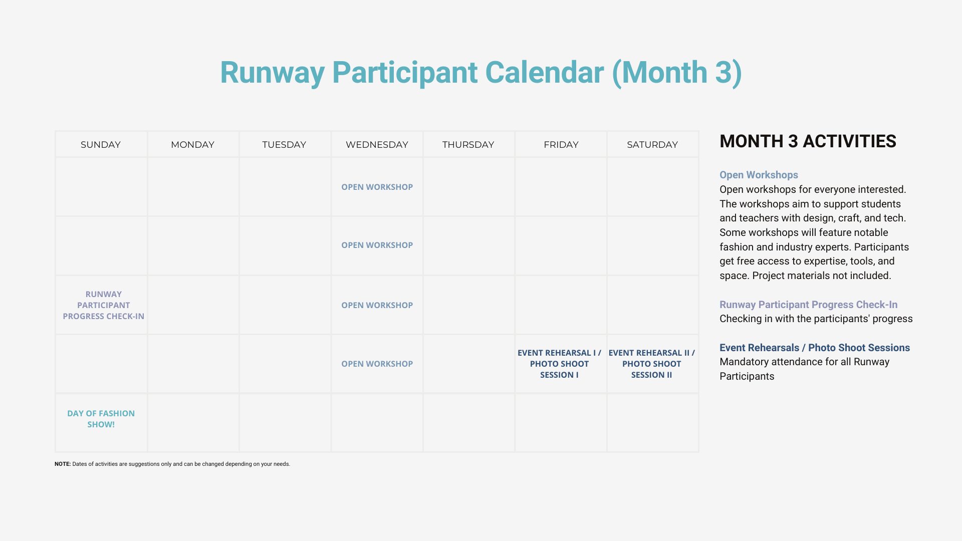 Month 3 runway participant calendar with activities schedule