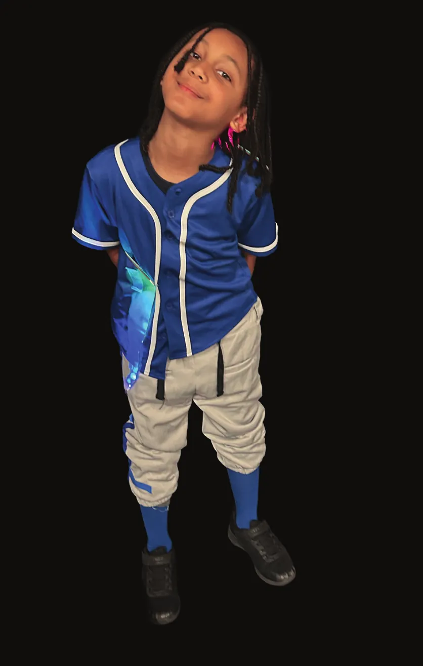 Student as Jackie Robinson in a blue baseball jersey and grey baseball pants, a line of lights glowing at the waist