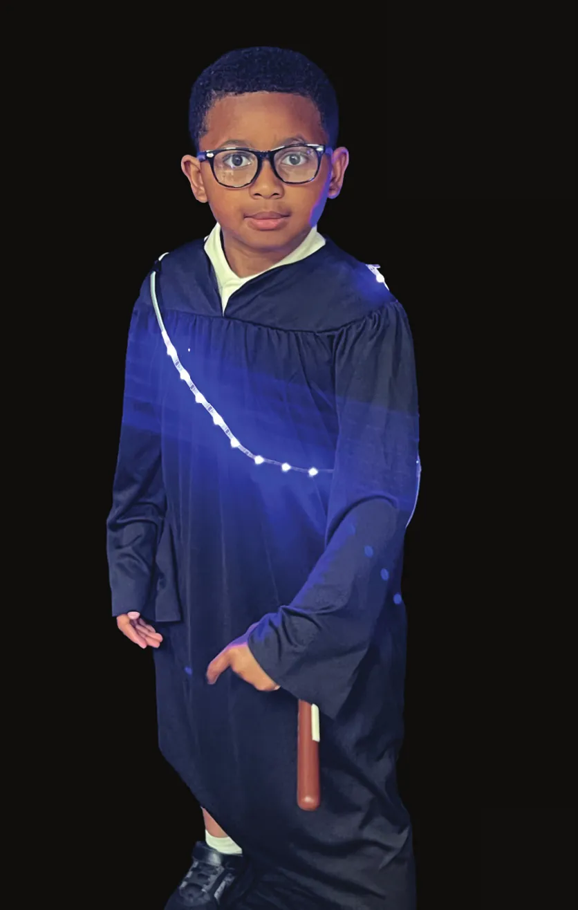Student as Thurgood Marshall in glasses and a judge’s robe with a glowing blue diagonal sash of lights