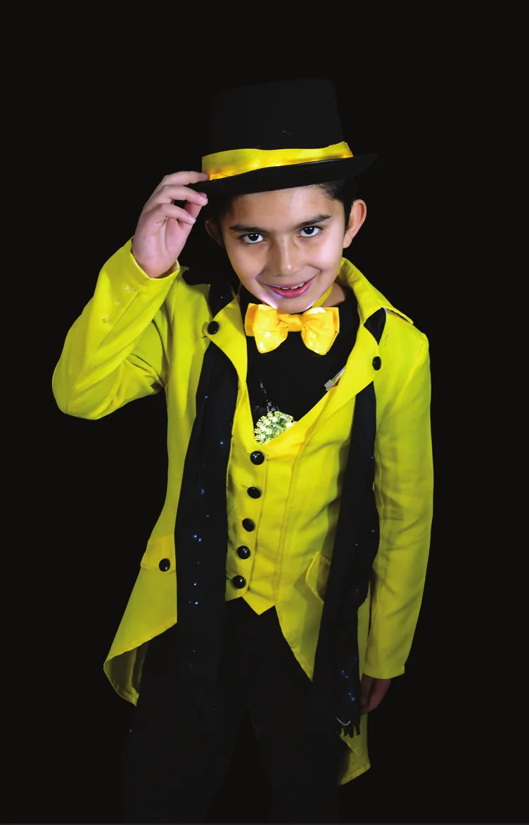 Bee Bold: student in a bright yellow tailcoat with black stripes, bow tie and black top hat