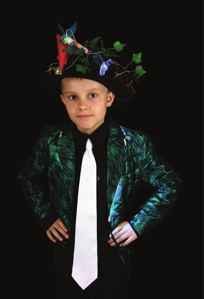 Hummer: student in an iridescent green jacket, white tie and a hat topped with a hummingbird