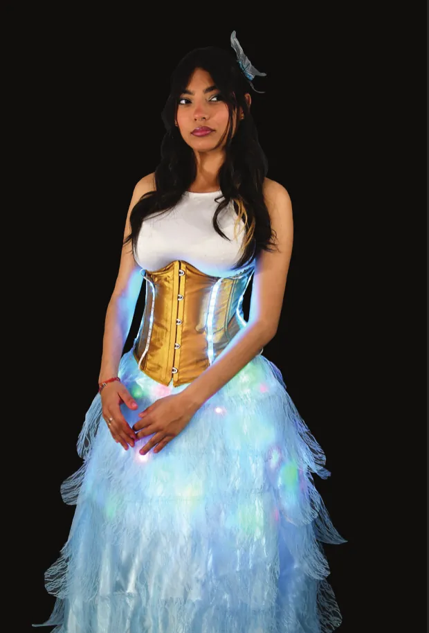Spring: New Beginnings: student in a gold corset and pale blue tiered tulle skirt lit from within