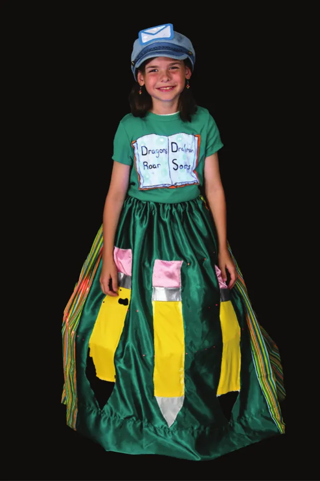 Words: student in a green skirt hung with felt pencils and a T-shirt printed with book covers